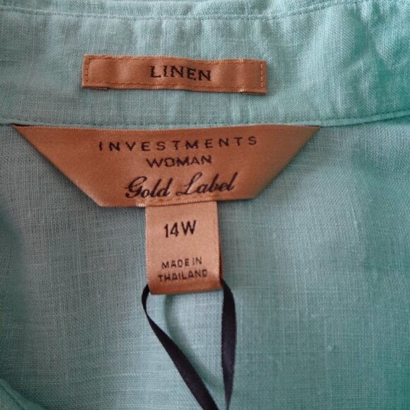 Investments Linen Blouse Top Women's 14W Green Roll Tab Sleeves - Picture 6 of 10